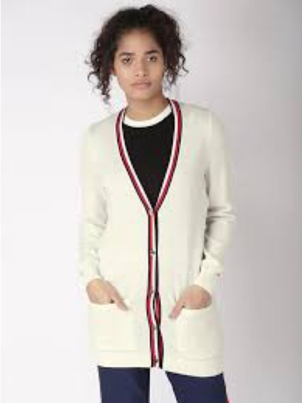 Tommy Hilfiger Cream Longline Cardigan with Red & Black Trim